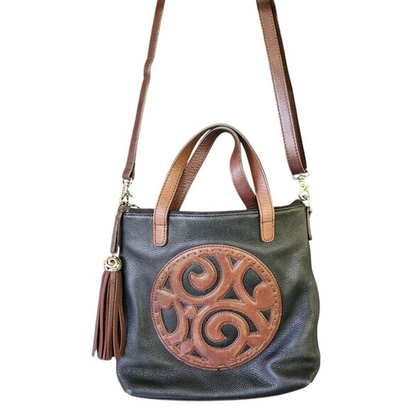Brighton Kensington London Groove Medallion Crossbody Bag Black & Brown Leather - Picture 2 of 14